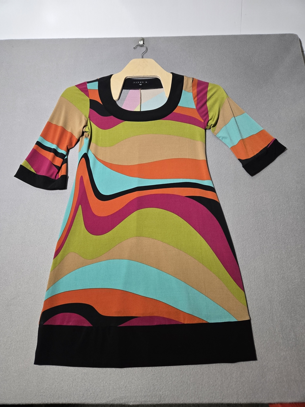 Tiana B. Multicolor Wave-Print Midi Dress with Black Trim
